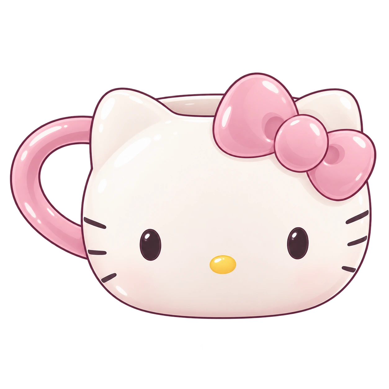 Minh họa chibi cốc Hello Kitty trắng ngà, quai hồng bên trái, nơ hồng bên phải, mắt đen và mũi vàng.
