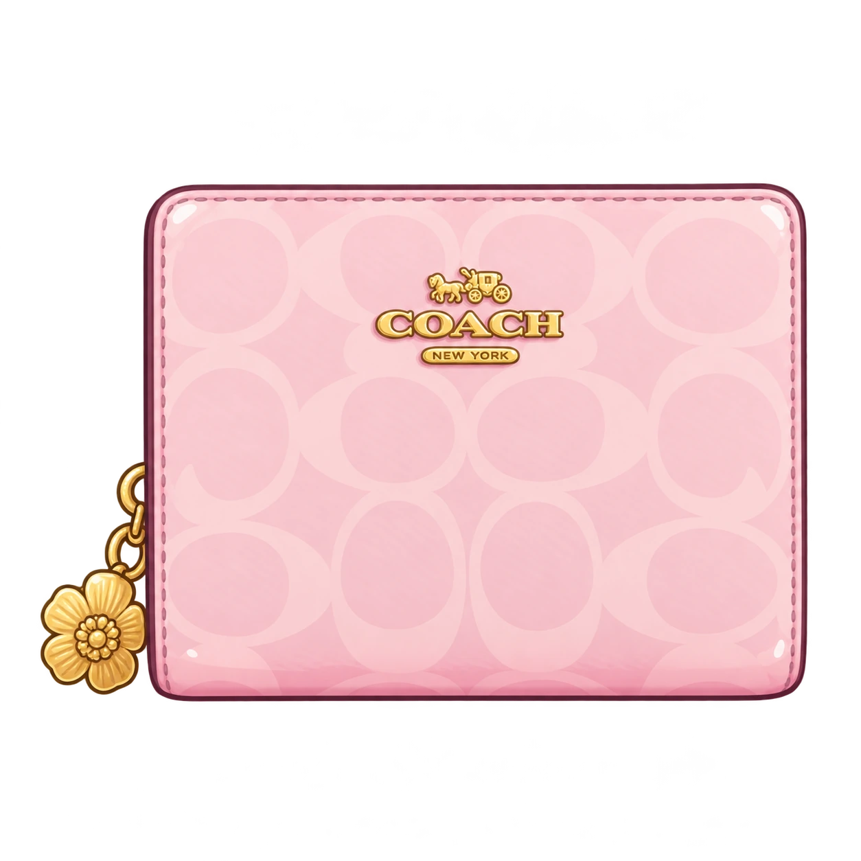 Minh họa chibi ví COACH hồng phấn nhỏ gọn, logo vàng ở gần mép trên, móc hoa vàng phía trái.